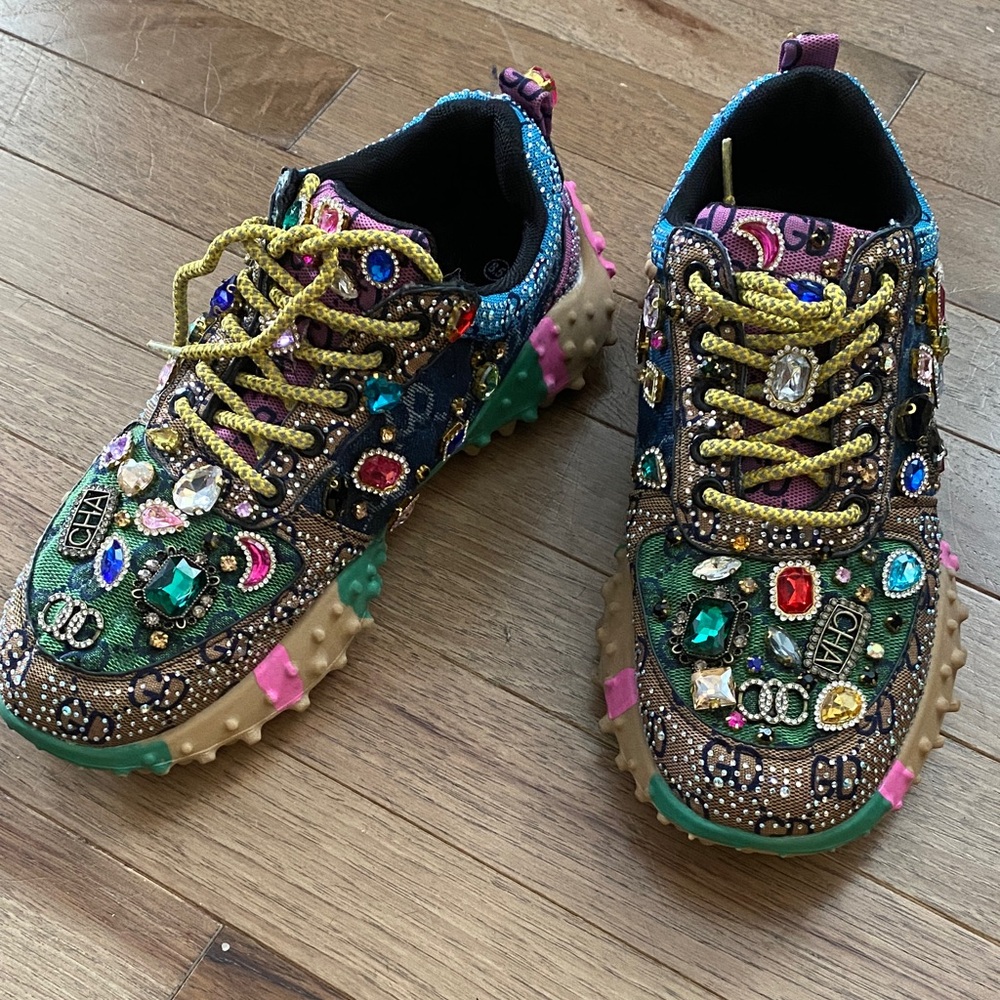 Taxi Rhinestone Canvas Bling Shoes Sz 10 Multicolor Gems - Picture 2 of 16